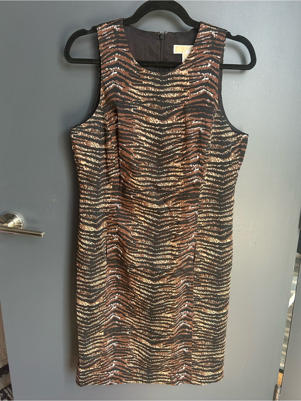 MICHAEL Michael Kors Brown and Black Zebra-Print Midi Sheath Dress
